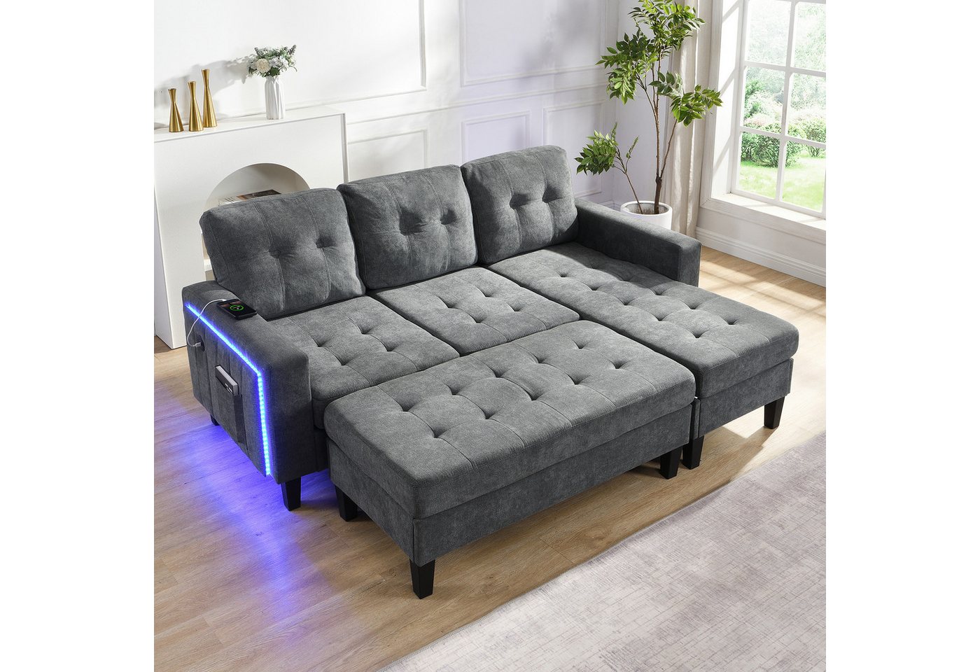 Merax Schlafsofa L-Form Sofa mit LED-Beleuchtung, 185x135x85cm, Flexibles Design,Chenille-Stoff 1 Teile, 3-Sitzer Chaiselongen mit XXL Fußbank, Modulares Sofabe – Bild 2 von 5