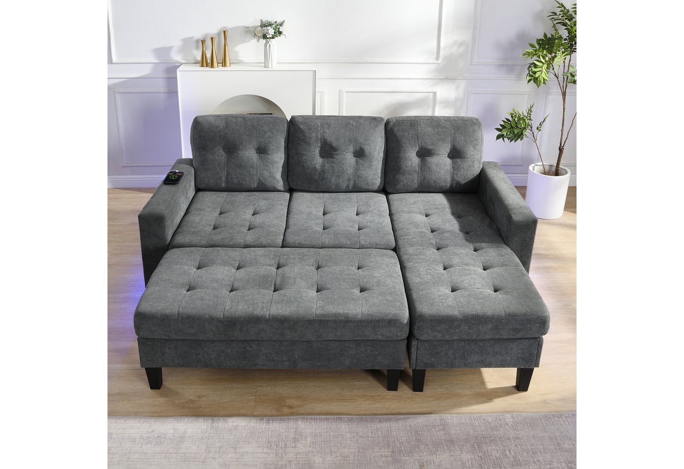 Merax Schlafsofa L-Form Sofa mit LED-Beleuchtung, 185x135x85cm, Flexibles Design,Chenille-Stoff 1 Teile, 3-Sitzer Chaiselongen mit XXL Fußbank, Modulares Sofabe – Bild 3 von 5