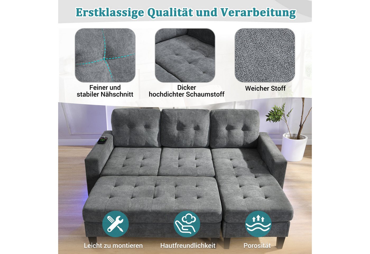 Merax Schlafsofa L-Form Sofa mit LED-Beleuchtung, 185x135x85cm, Flexibles Design,Chenille-Stoff 1 Teile, 3-Sitzer Chaiselongen mit XXL Fußbank, Modulares Sofabe – Bild 4 von 5