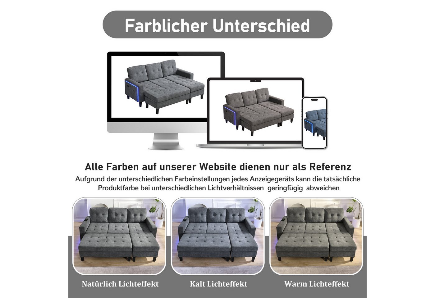 Merax Schlafsofa L-Form Sofa mit LED-Beleuchtung, 185x135x85cm, Flexibles Design,Chenille-Stoff 1 Teile, 3-Sitzer Chaiselongen mit XXL Fußbank, Modulares Sofabe – Bild 5 von 5