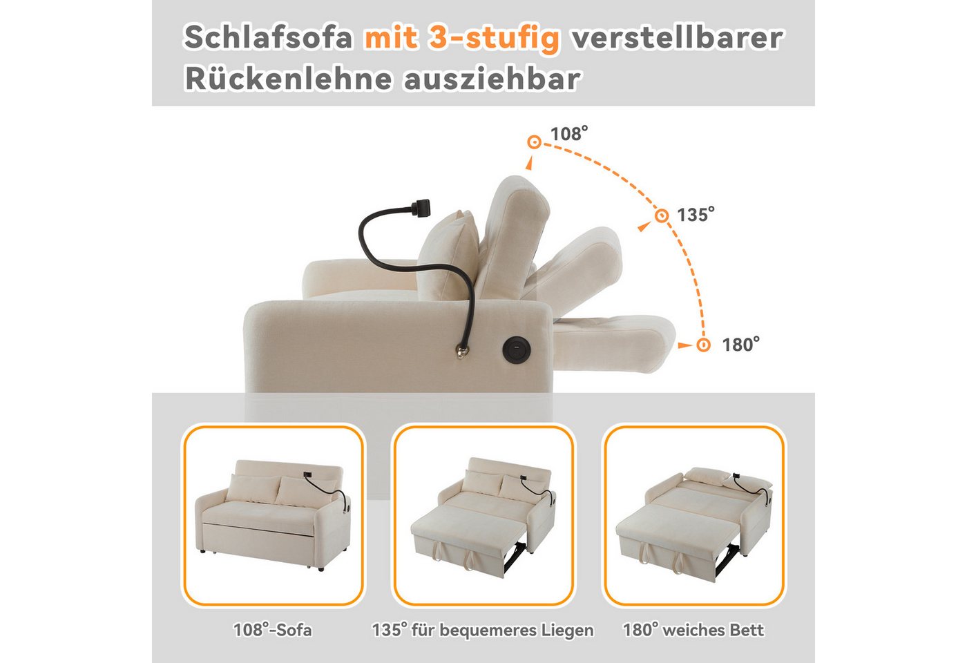 Merax Schlafsofa mit 3-in-1 Bettfunktion, Loungesessel mit USB und Handyhalter, Schlaffunktion und viel Stauraum – Bild 3 von 5