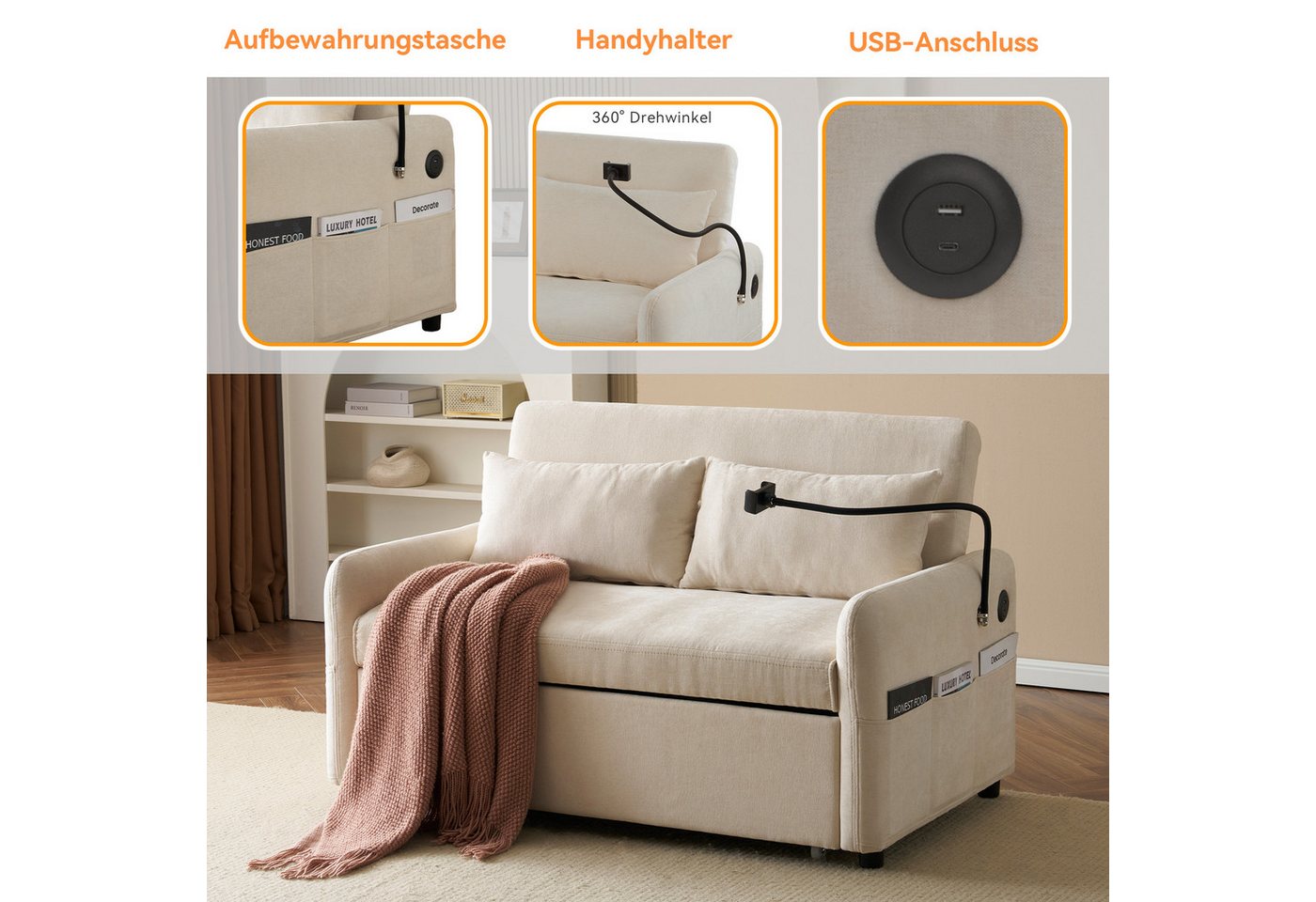 Merax Schlafsofa mit 3-in-1 Bettfunktion, Loungesessel mit USB und Handyhalter, Schlaffunktion und viel Stauraum – Bild 4 von 5
