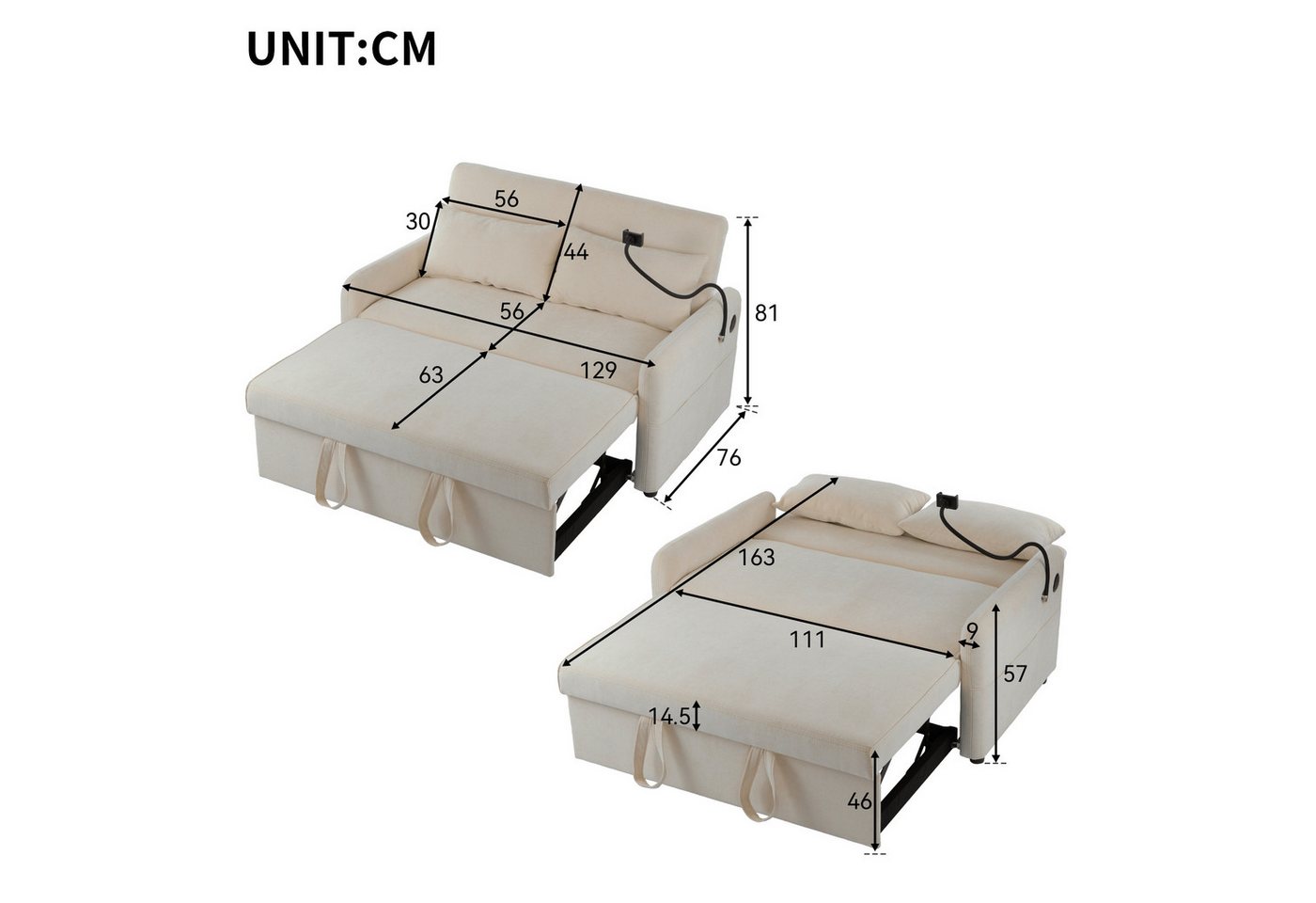 Merax Schlafsofa mit 3-in-1 Bettfunktion, Loungesessel mit USB und Handyhalter, Schlaffunktion und viel Stauraum – Bild 5 von 5