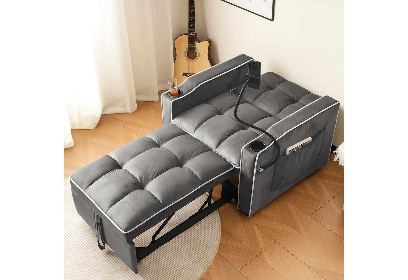 Merax Schlafsofa mit 3-in-1 Bettfunktion, 1 Teile, Loungesessel mit Getränke- & Handyhalter, Ausziehbares Sofa Liegestuhl – Bild 2 von 5