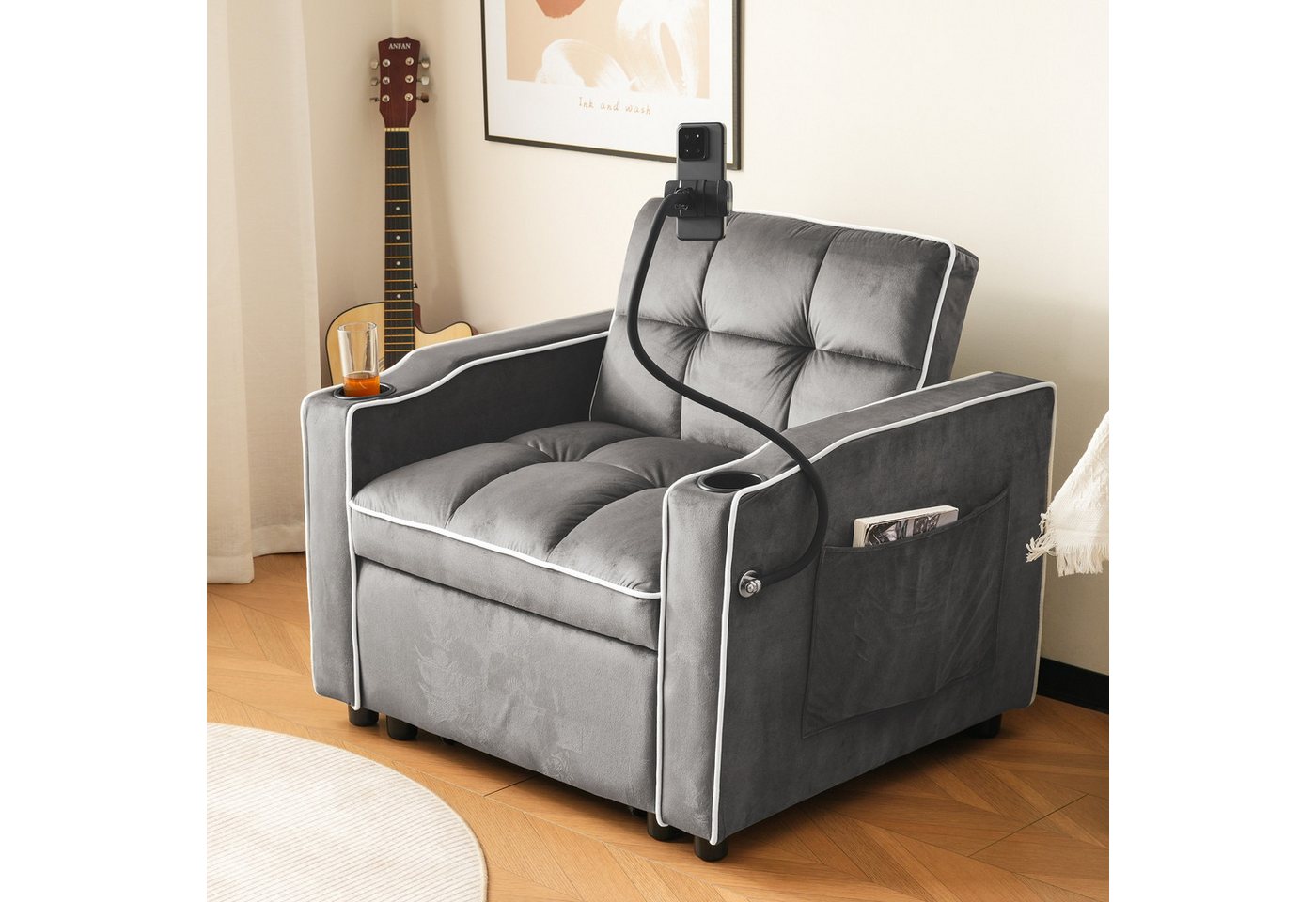 Merax Schlafsofa mit 3-in-1 Bettfunktion, 1 Teile, Loungesessel mit Getränke- & Handyhalter, Ausziehbares Sofa Liegestuhl – Bild 3 von 5