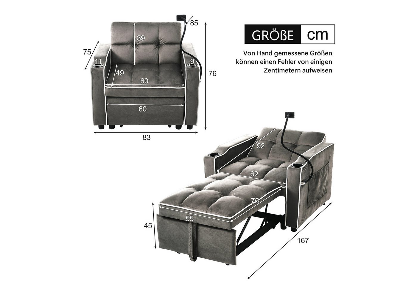 Merax Schlafsofa mit 3-in-1 Bettfunktion, 1 Teile, Loungesessel mit Getränke- & Handyhalter, Ausziehbares Sofa Liegestuhl – Bild 4 von 5