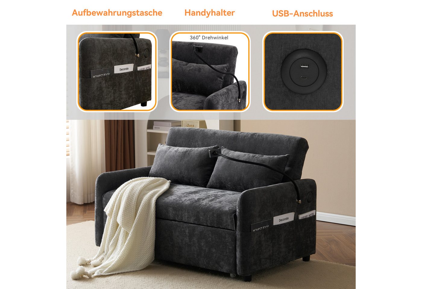 Merax Schlafsofa mit 3-in-1 Bettfunktion, Loungesessel mit USB und Handyhalter, Schlaffunktion und viel Stauraum – Bild 3 von 5