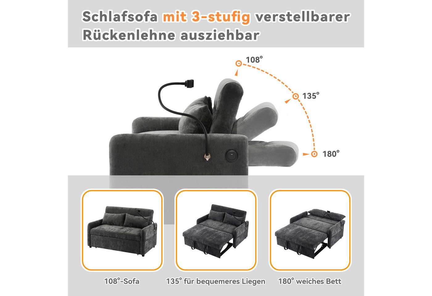 Merax Schlafsofa mit 3-in-1 Bettfunktion, Loungesessel mit USB und Handyhalter, Schlaffunktion und viel Stauraum – Bild 4 von 5