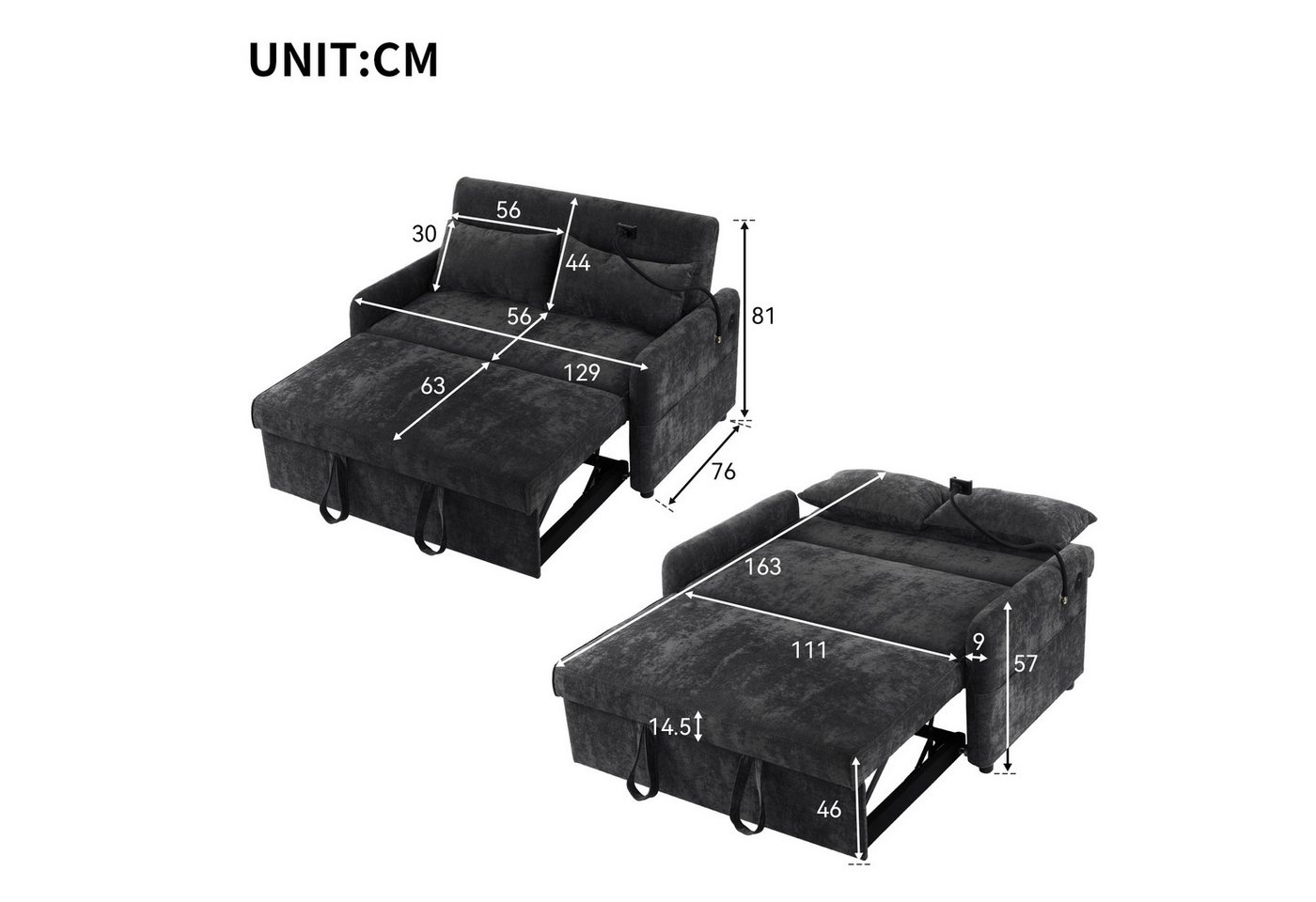 Merax Schlafsofa mit 3-in-1 Bettfunktion, Loungesessel mit USB und Handyhalter, Schlaffunktion und viel Stauraum – Bild 5 von 5