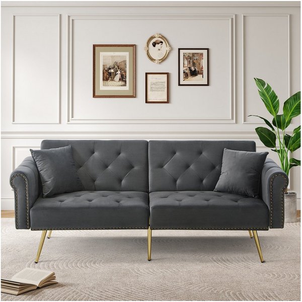 Merax Schlafsofa mit Bettfunktion, 1 Teile, 2-Sitzer-Sofa mit verstellbarer Rückenlehne & goldenen Metallfüßen