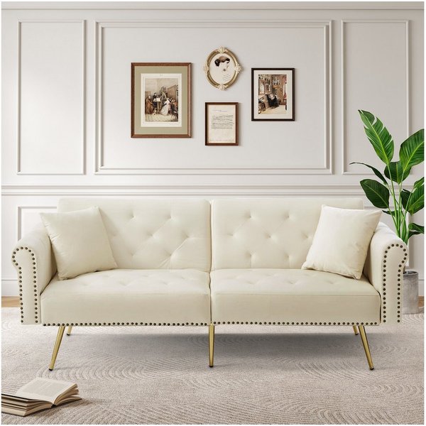 Merax Schlafsofa mit Bettfunktion, 1 Teile, 2-Sitzer-Sofa mit verstellbarer Rückenlehne & goldenen Metallfüßen