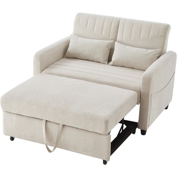 Merax Schlafsofa mit Schlaffunktion, Zweisitzer-Klappsofa, Baumwoll-Leinen-Stoff 1 Teile, Ausziehbares Sofabett mit 3-stufig verstellbarer Rückenlehne & Kissen