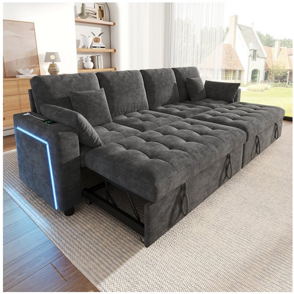 Merax Schlafsofa mit Schlaffunktion,L-förmiges Sofa mit 3-fach verstellbare Rückenlehne, Chenille, 4 Kissen, 262,5x140x89cm 1 Teile, 4-Sitzer-Sofa mit LED USB T