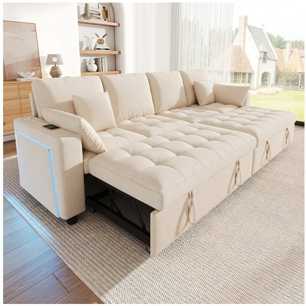 Merax Schlafsofa mit Schlaffunktion,L-förmiges Sofa mit 3-fach verstellbare Rückenlehne, Chenille, 4 Kissen, 262,5x140x89cm 1 Teile, 4-Sitzer-Sofa mit LED USB T
