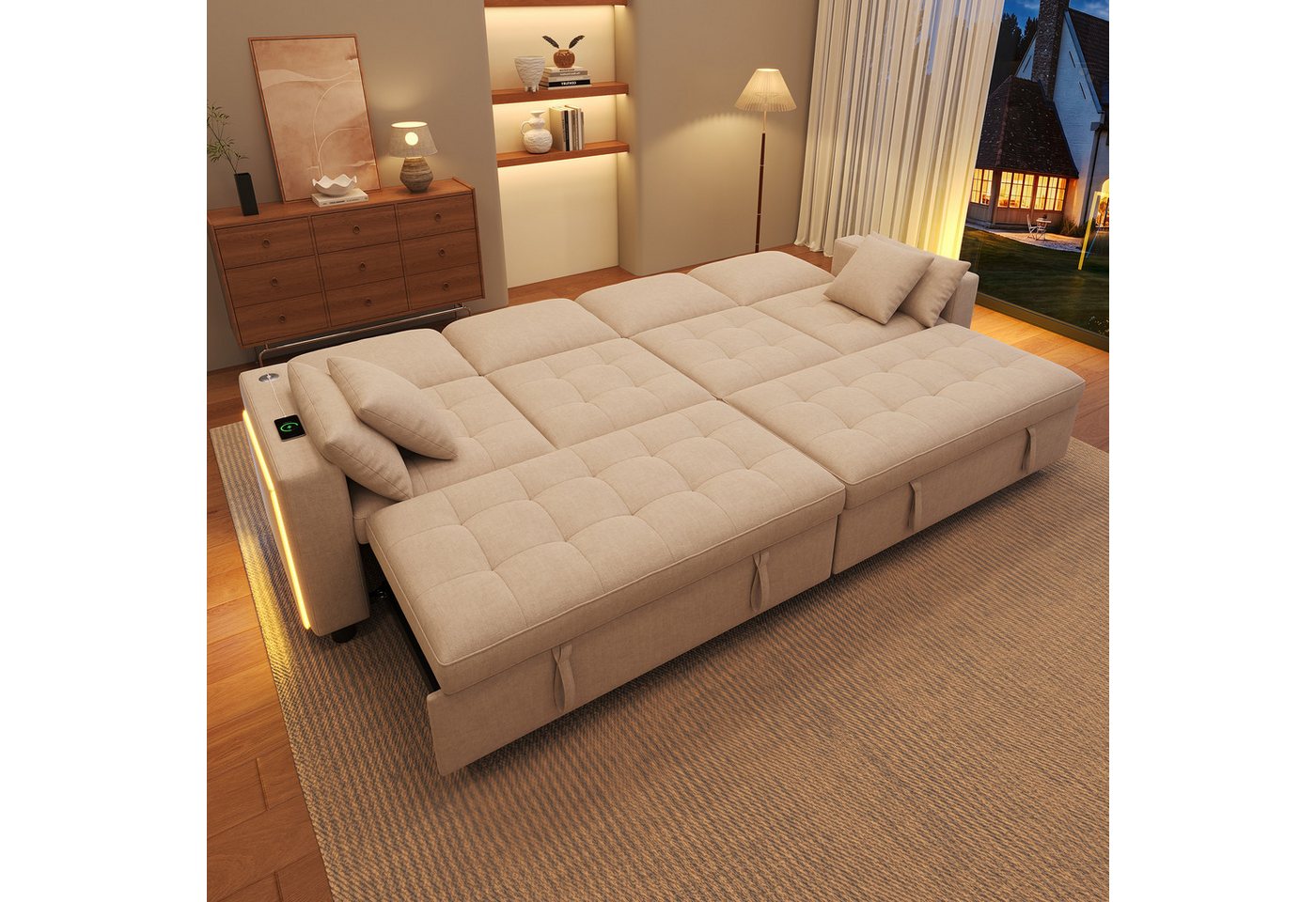 Merax Schlafsofa mit Schlaffunktion,L-förmiges Sofa mit 3-fach verstellbare Rückenlehne, Chenille, 4 Kissen, 262,5x140x89cm 1 Teile, 4-Sitzer-Sofa mit LED USB T – Bild 2 von 5