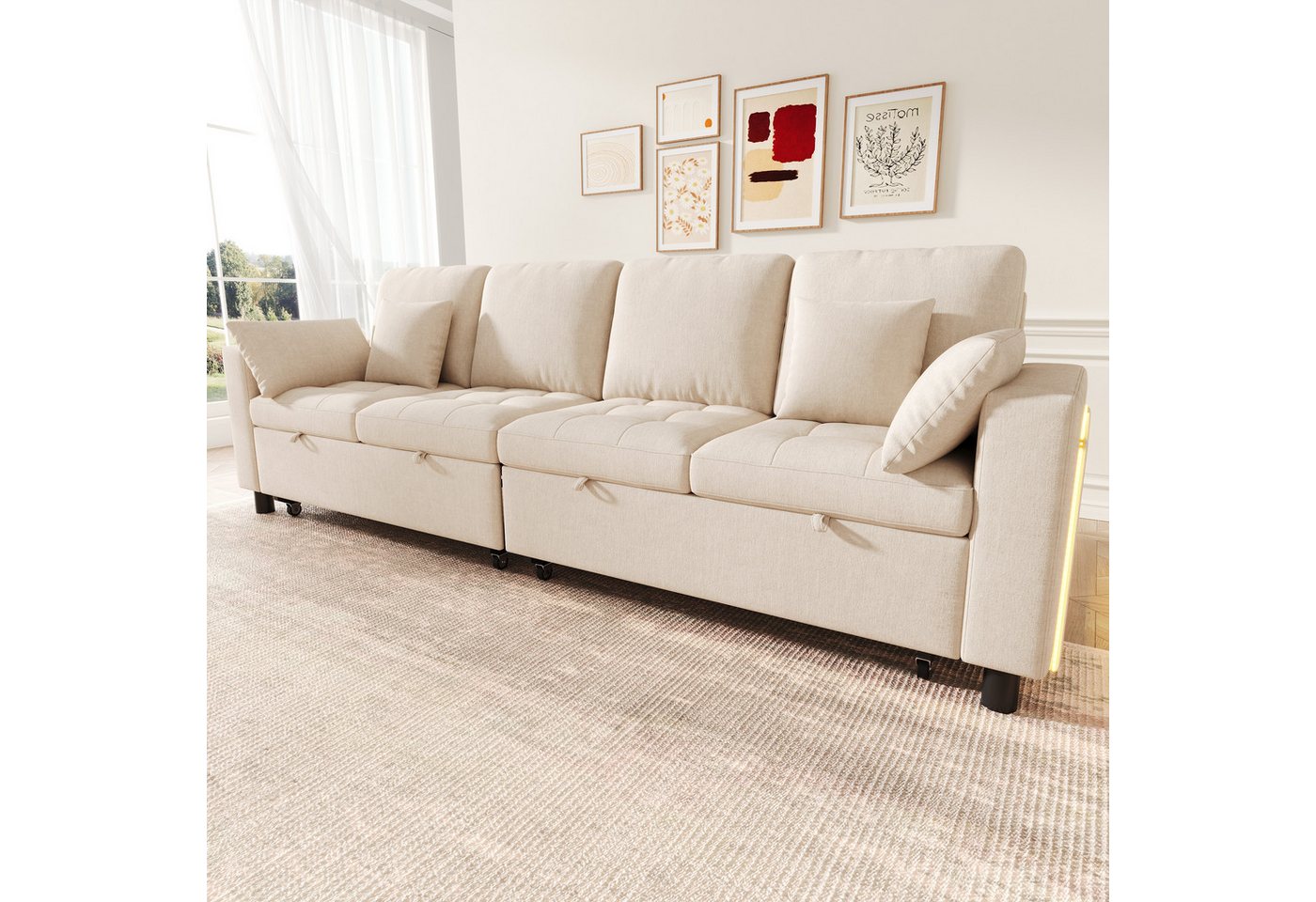 Merax Schlafsofa mit Schlaffunktion,L-förmiges Sofa mit 3-fach verstellbare Rückenlehne, Chenille, 4 Kissen, 262,5x140x89cm 1 Teile, 4-Sitzer-Sofa mit LED USB T – Bild 3 von 5