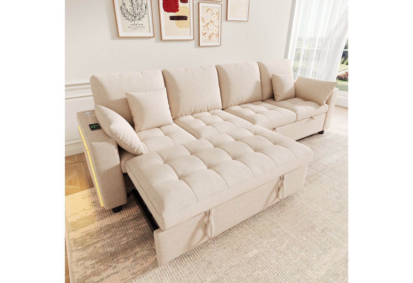 Merax Schlafsofa mit Schlaffunktion,L-förmiges Sofa mit 3-fach verstellbare Rückenlehne, Chenille, 4 Kissen, 262,5x140x89cm 1 Teile, 4-Sitzer-Sofa mit LED USB T – Bild 4 von 5