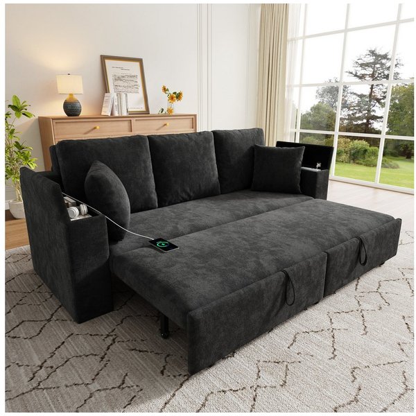 Merax Schlafsofa mit Schlaffunktion, Ausziehbares Sofa mit USB & Type-C Ladeanschluss, 1 Teile, 3-Sitzer Sofa mit Stauraum, Metallrahmen & Armlehnen-Ablage, Che