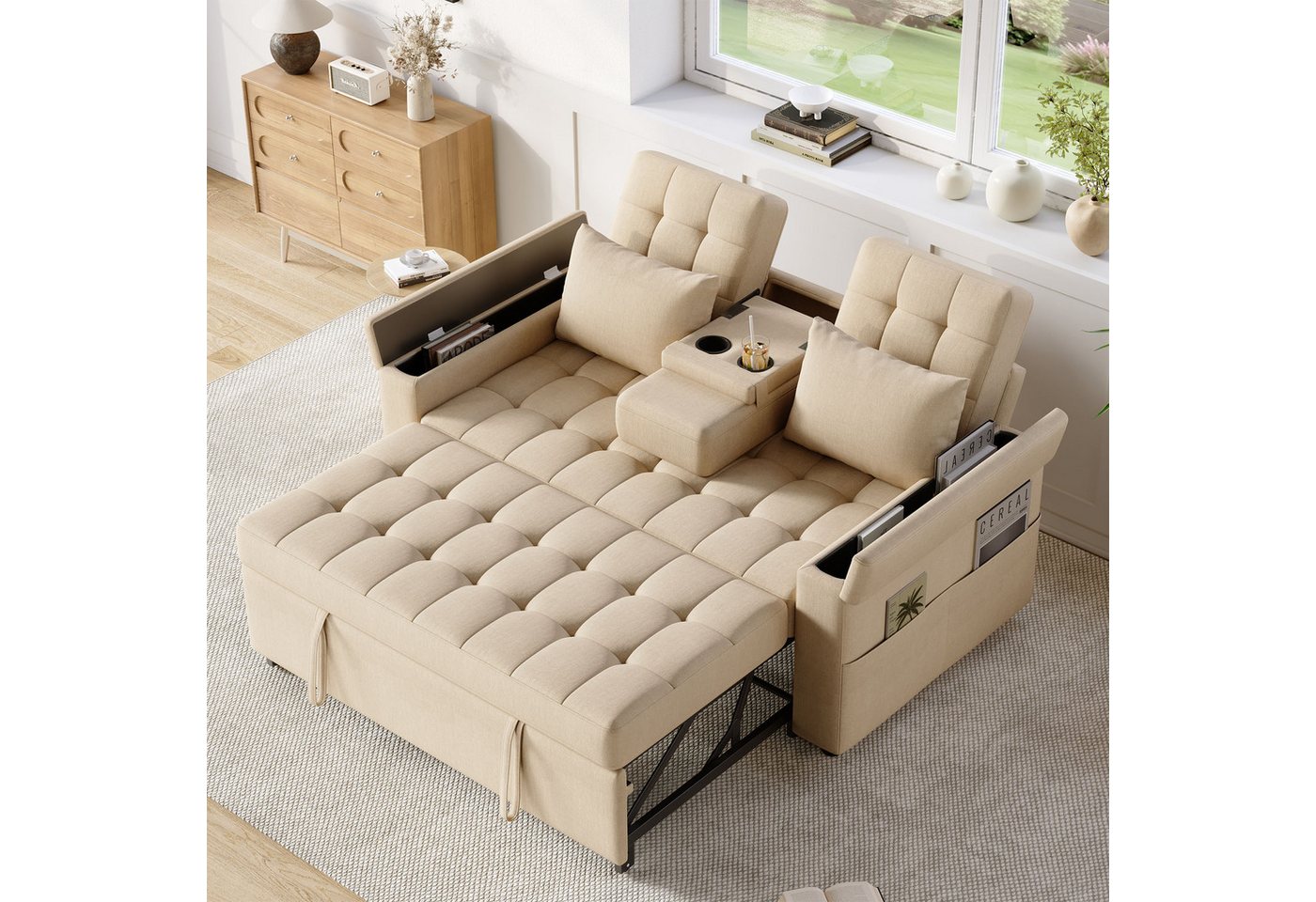 Merax Schlafsofa mit Schlaffunktion & verstellbarer Rückenlehne (108°/138°/180), Baumwoll-Leinen, 159×142,5×92cm 1 Teile, 2-Sitzer Sofa Klappsofa mit Armlehnen- – Bild 2 von 5