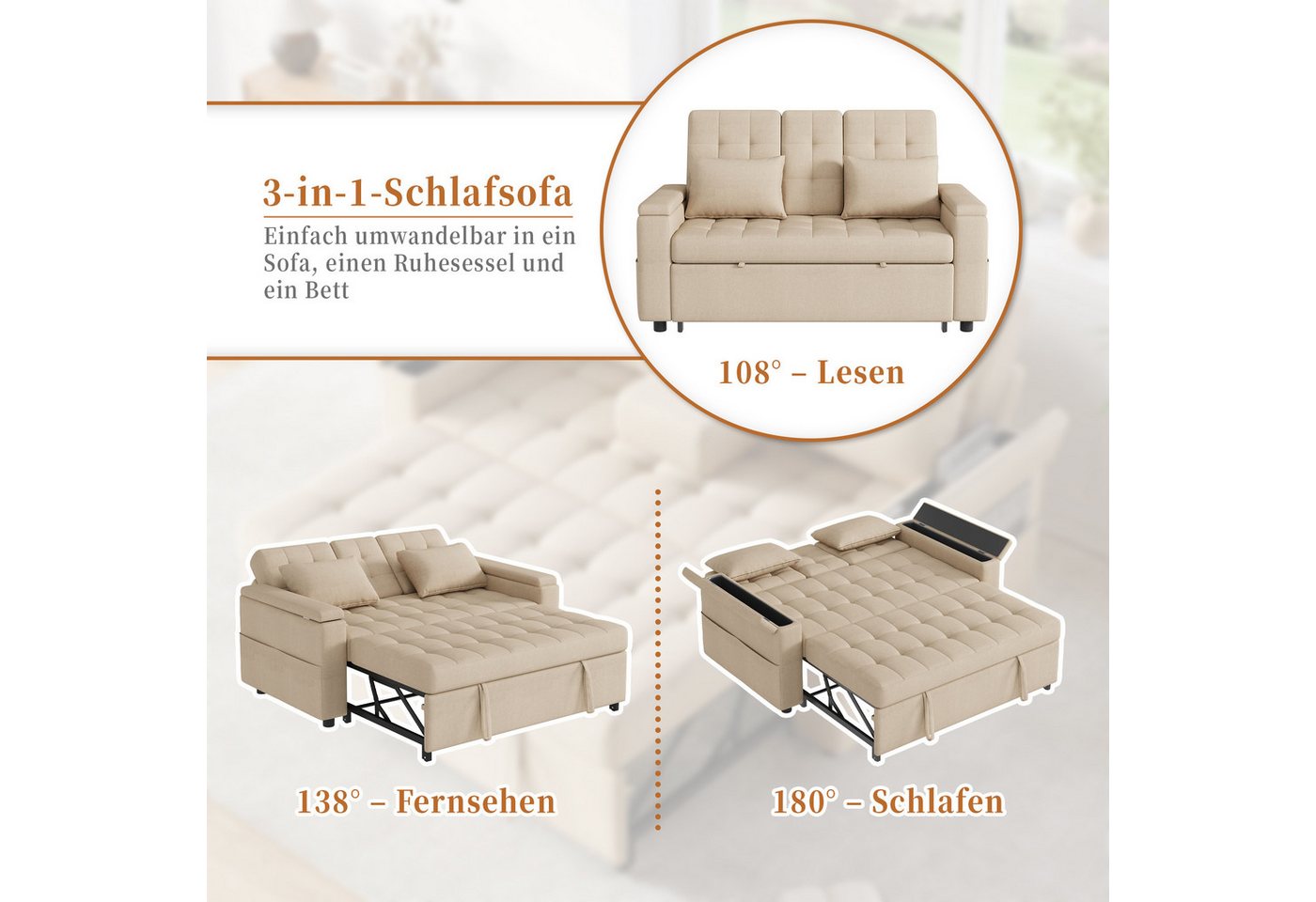 Merax Schlafsofa mit Schlaffunktion & verstellbarer Rückenlehne (108°/138°/180), Baumwoll-Leinen, 159×142,5×92cm 1 Teile, 2-Sitzer Sofa Klappsofa mit Armlehnen- – Bild 4 von 5