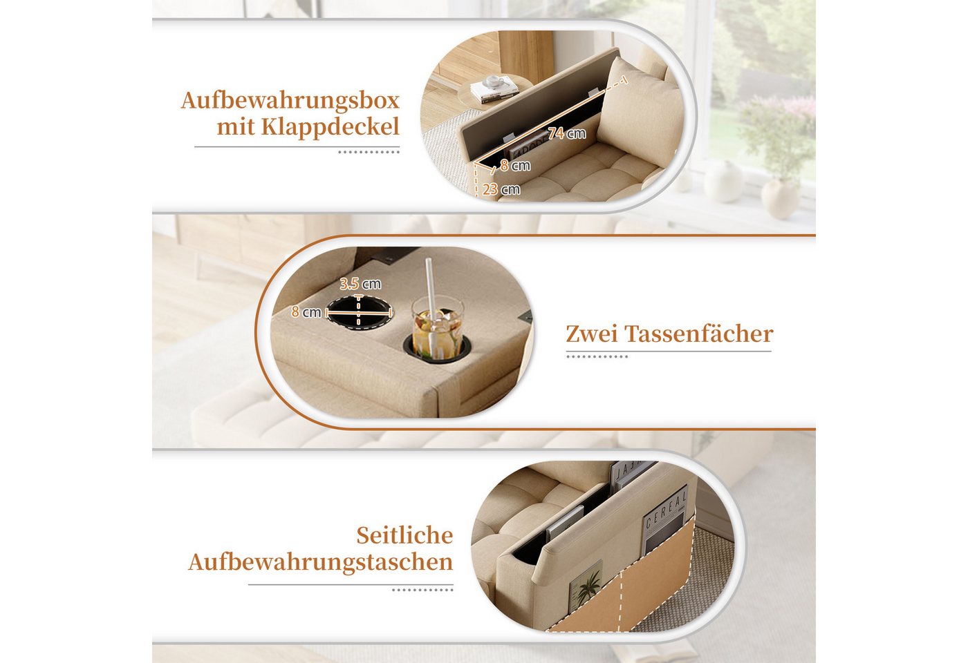 Merax Schlafsofa mit Schlaffunktion & verstellbarer Rückenlehne (108°/138°/180), Baumwoll-Leinen, 159×142,5×92cm 1 Teile, 2-Sitzer Sofa Klappsofa mit Armlehnen- – Bild 5 von 5