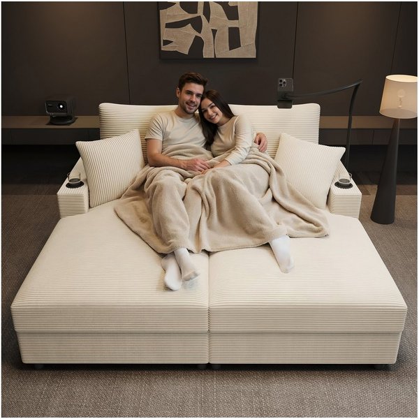 Merax Schlafsofa XXL-Doppelsofa mit Schlaffunktion und USB-Anschluss, Doppelschlafsofa für Wohnzimmer, Schlafzimmer und Heimkino 1 Teile, Relaxsofa Sofa mit 360