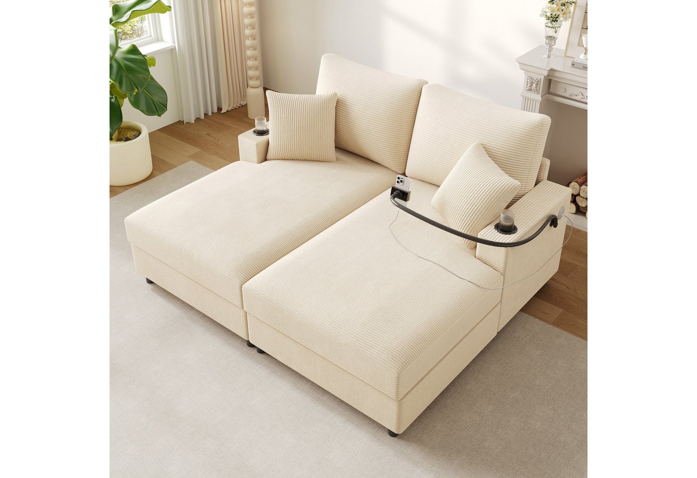 Merax Schlafsofa XXL-Doppelsofa mit Schlaffunktion und USB-Anschluss, Doppelschlafsofa für Wohnzimmer, Schlafzimmer und Heimkino 1 Teile, Relaxsofa Sofa mit 360 – Bild 2 von 5