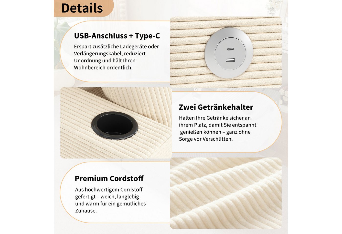 Merax Schlafsofa XXL-Doppelsofa mit Schlaffunktion und USB-Anschluss, Doppelschlafsofa für Wohnzimmer, Schlafzimmer und Heimkino 1 Teile, Relaxsofa Sofa mit 360 – Bild 4 von 5