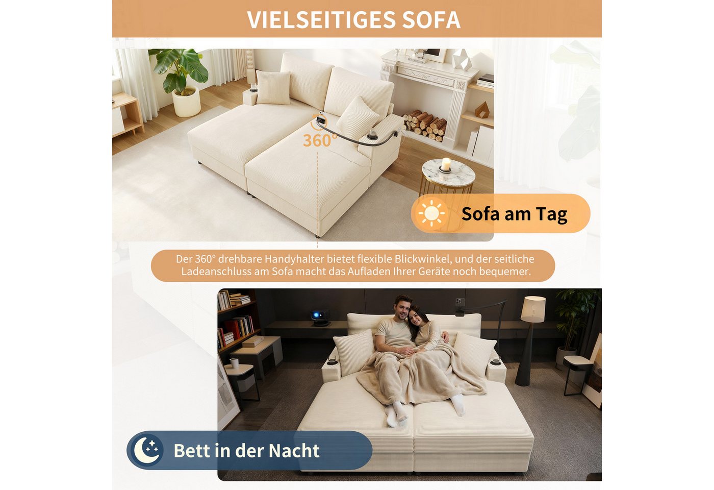 Merax Schlafsofa XXL-Doppelsofa mit Schlaffunktion und USB-Anschluss, Doppelschlafsofa für Wohnzimmer, Schlafzimmer und Heimkino 1 Teile, Relaxsofa Sofa mit 360 – Bild 5 von 5