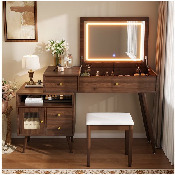 Merax Schminktisch Mit LED-Klappspiegel mit 3 Lichtfarben, 2-in-1 Kosmetiktisch (1-St., Schreibtisch Mit Hocker, 3 Schubladen), Schminkkommode