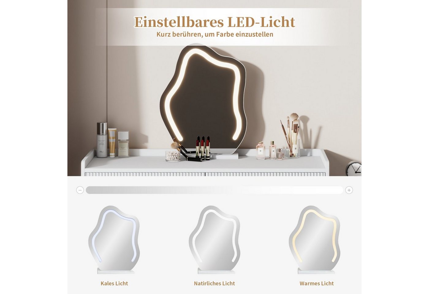 Merax Schminktisch mit Schubladen, Kosmetiktisch, mit LED-Spiegel in Wolkenform, Frisiertisch mit Kommode – Bild 5 von 5