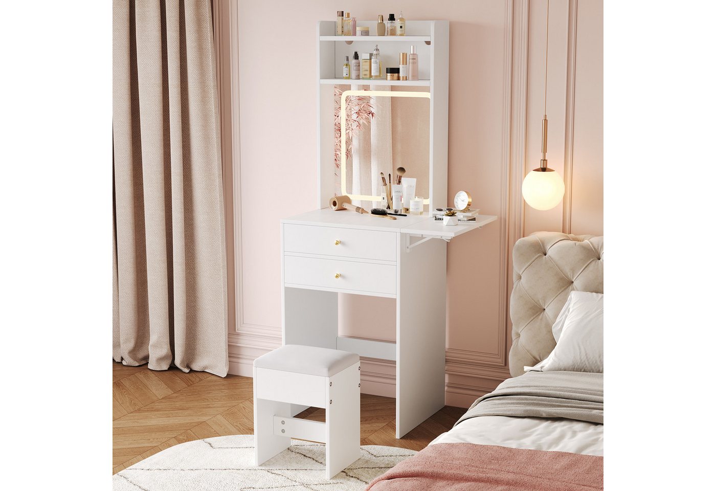 Merax Schminktisch mit Spiegel, LED-Beleuchtung, Einstellbare Helligkeit, (1-St., klappbarer Tischplatte, 2 Schubladen, Hocker) – Bild 2 von 5