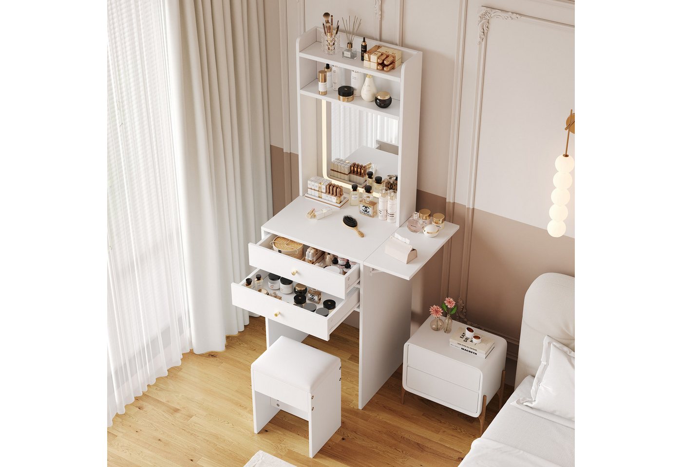 Merax Schminktisch mit Spiegel, LED-Beleuchtung, Einstellbare Helligkeit, (1-St., klappbarer Tischplatte, 2 Schubladen, Hocker) – Bild 3 von 5