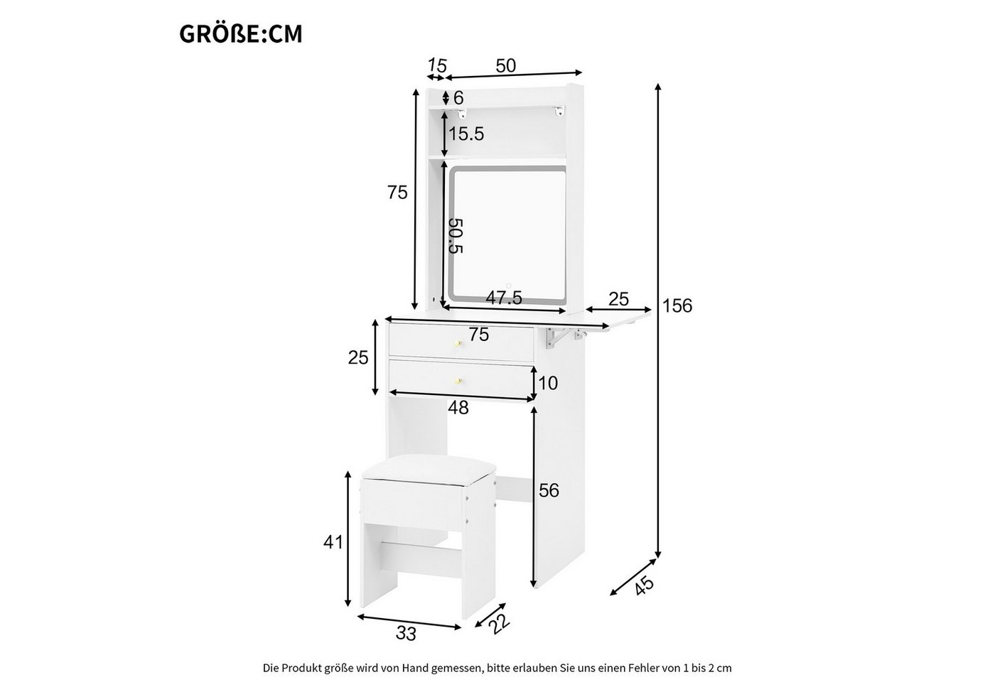 Merax Schminktisch mit Spiegel, LED-Beleuchtung, Einstellbare Helligkeit, (1-St., klappbarer Tischplatte, 2 Schubladen, Hocker) – Bild 4 von 5