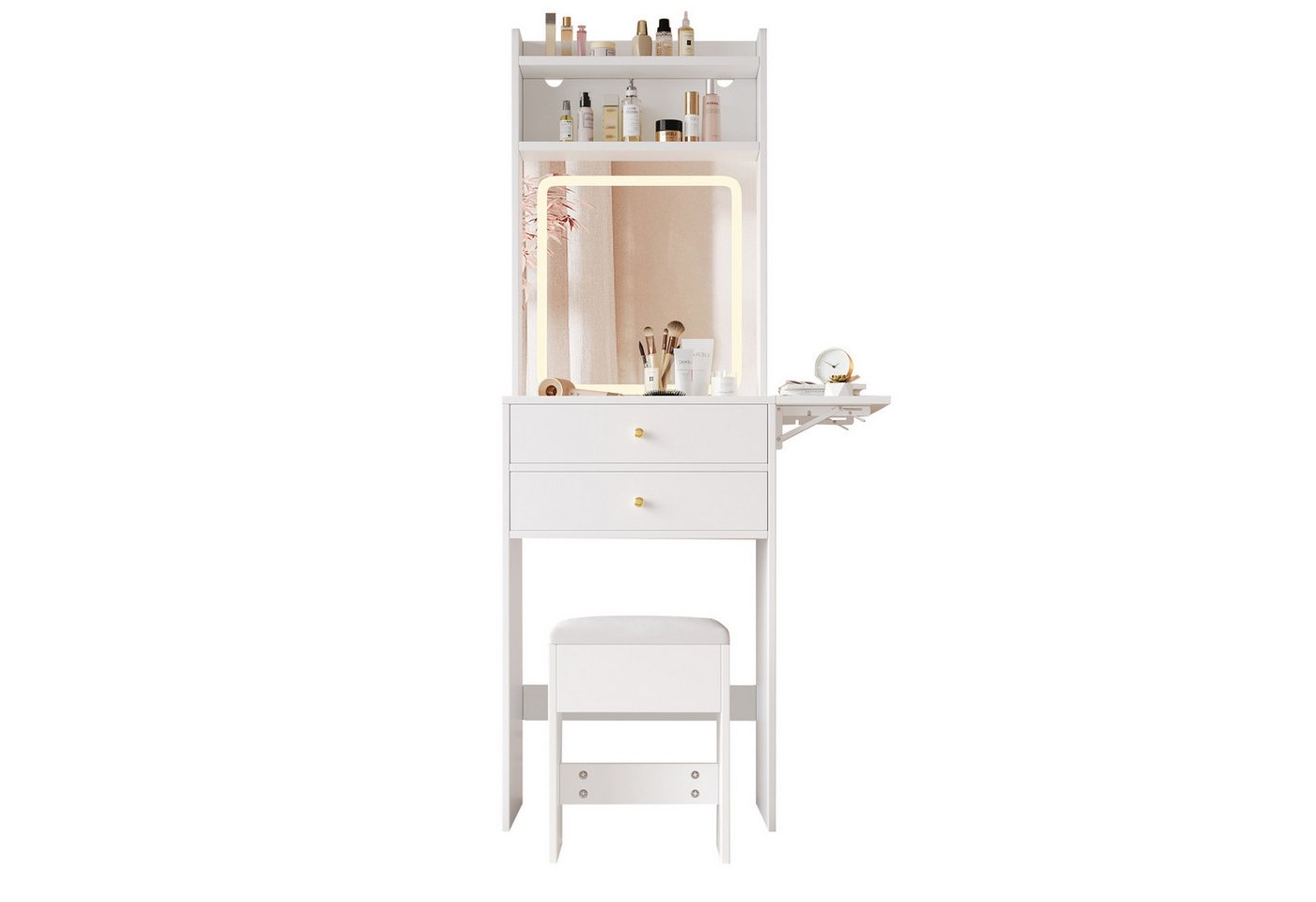 Merax Schminktisch mit Spiegel, LED-Beleuchtung, Einstellbare Helligkeit, (1-St., klappbarer Tischplatte, 2 Schubladen, Hocker) – Bild 5 von 5