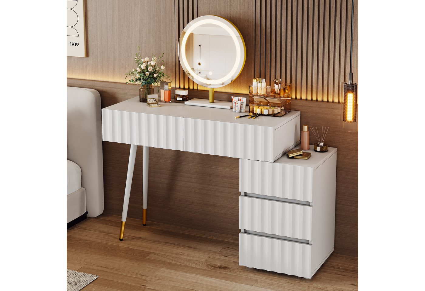 Merax Schminktisch mit Spiegel, LED-Beleuchtung, Einstellbare Helligkeit, 5 Schubladen (1-St., Kosmetiktisch, Schminkkommode), Weiß – Bild 2 von 5