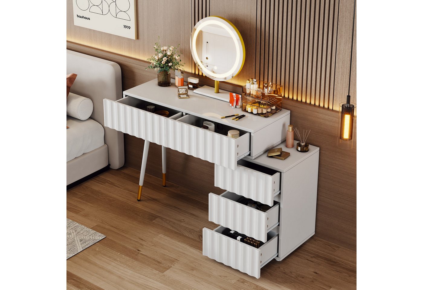 Merax Schminktisch mit Spiegel, LED-Beleuchtung, Einstellbare Helligkeit, 5 Schubladen (1-St., Kosmetiktisch, Schminkkommode), Weiß – Bild 3 von 5