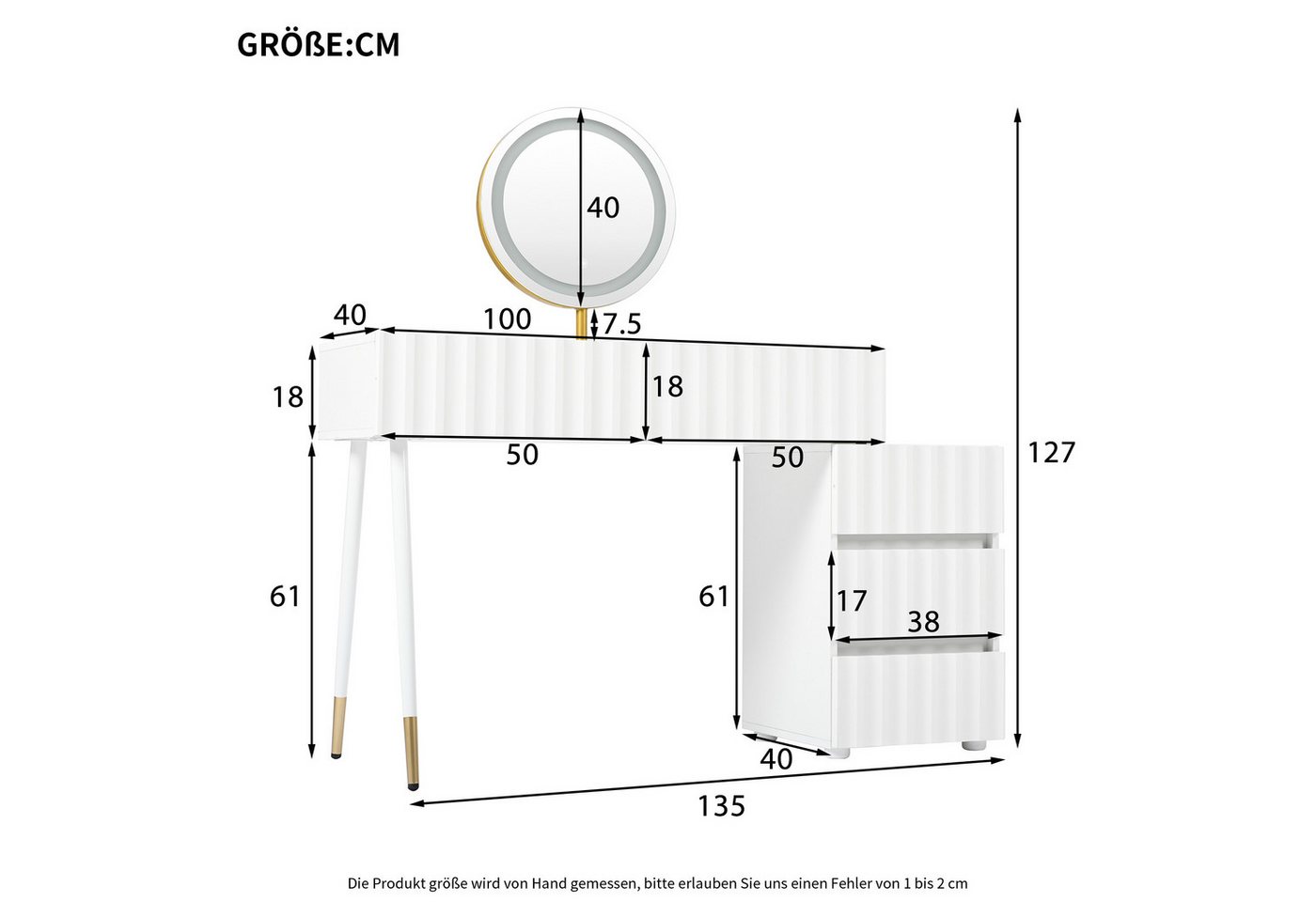 Merax Schminktisch mit Spiegel, LED-Beleuchtung, Einstellbare Helligkeit, 5 Schubladen (1-St., Kosmetiktisch, Schminkkommode), Weiß – Bild 4 von 5