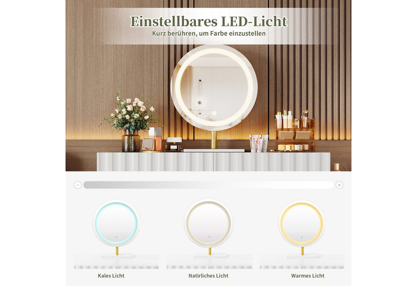 Merax Schminktisch mit Spiegel, LED-Beleuchtung, Einstellbare Helligkeit, 5 Schubladen (1-St., Kosmetiktisch, Schminkkommode), Weiß – Bild 5 von 5
