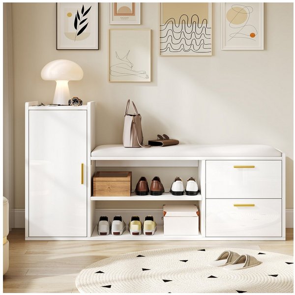 Merax Schuhbank Hochglanz in Weiß, mit gepolsterter Sitzfläche & verstellbaren Böden (Schuhregal für Flur oder Wohnzimmer, 1-St., 128×30×68 cm), Schuhschrank mi