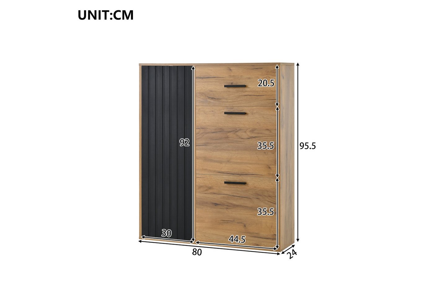 Merax Schuhschrank mit 1 Schublade, 2 Klappen, 1 Tür (1-St., Verstellbaren Regalen) Schuhregal, Schuhablage, Schuhkommode, 80×24×95.5 cm – Bild 4 von 5