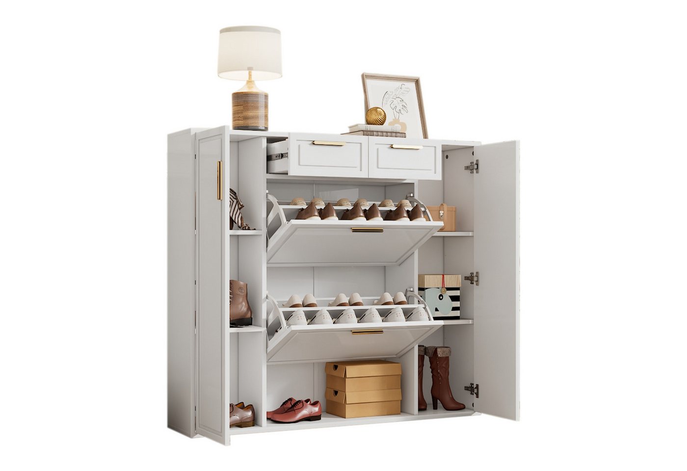 Merax Schuhschrank mit 2 Schubladen, 2 Klappen, 2 Türen (1-St., Schuhkommode, Schmal Schuhregal) 120×24×107cm – Bild 5 von 5