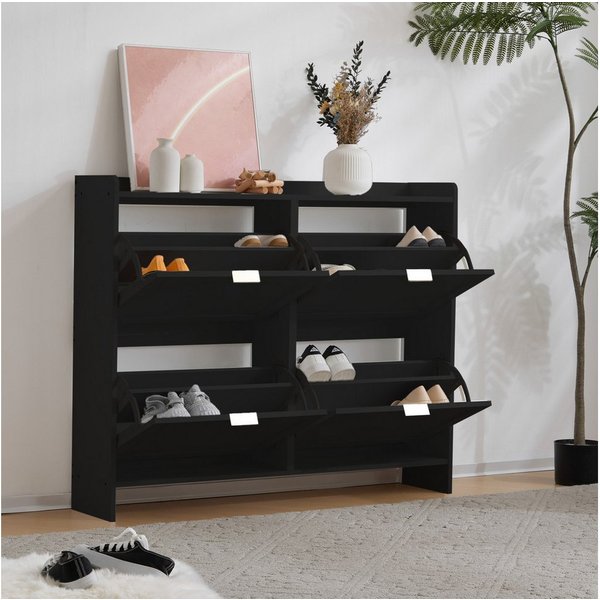 Merax Schuhschrank mit 4 Klappenfächern und Kippsicherung Schuhregal Schuhkipper Schuhkommode, B110/H90/T24cm