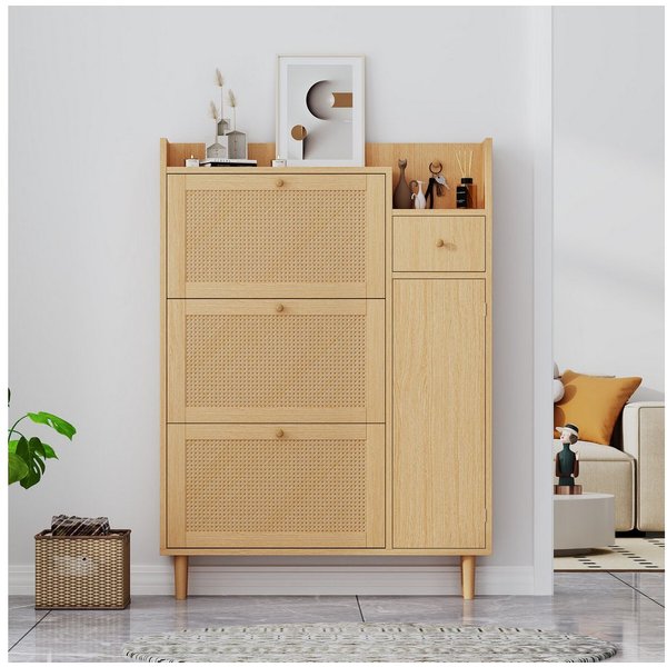 Merax Schuhschrank mit Rattandekor mit 3 Klappen, Tür und Schublade,Sideboard,Schuhkipper