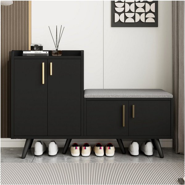 Merax Schuhschrank mit Sitzbank, Schuhregal mit gepolsterter Sitzfläche (1-St., Holzoptik 4 Türen) Stauraum für Schuhe & Taschen