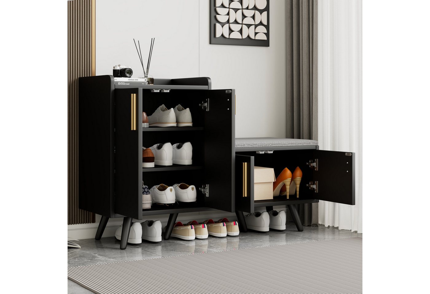 Merax Schuhschrank mit Sitzbank, Schuhregal mit gepolsterter Sitzfläche (1-St., Holzoptik 4 Türen) Stauraum für Schuhe & Taschen – Bild 2 von 5