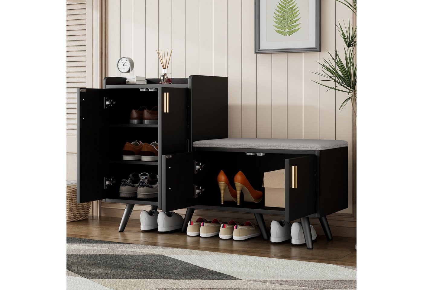Merax Schuhschrank mit Sitzbank, Schuhregal mit gepolsterter Sitzfläche (1-St., Holzoptik 4 Türen) Stauraum für Schuhe & Taschen – Bild 3 von 5