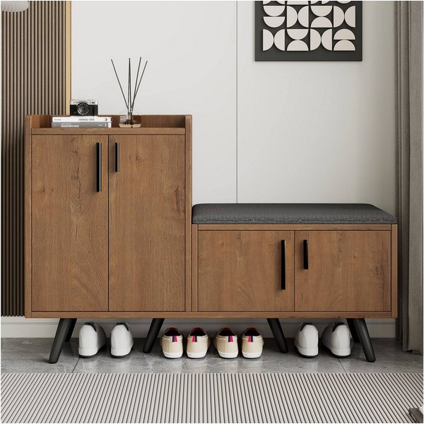 Merax Schuhschrank mit Sitzbank, Schuhregal mit gepolsterter Sitzfläche (1-St., Holzoptik 4 Türen) Stauraum für Schuhe & Taschen