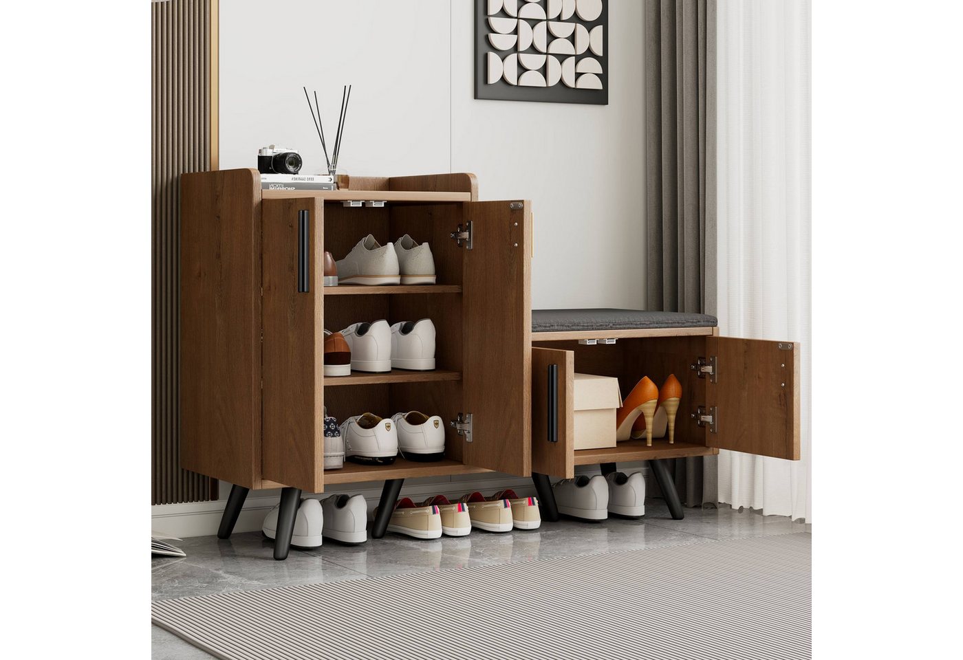 Merax Schuhschrank mit Sitzbank, Schuhregal mit gepolsterter Sitzfläche (1-St., Holzoptik 4 Türen) Stauraum für Schuhe & Taschen – Bild 2 von 5