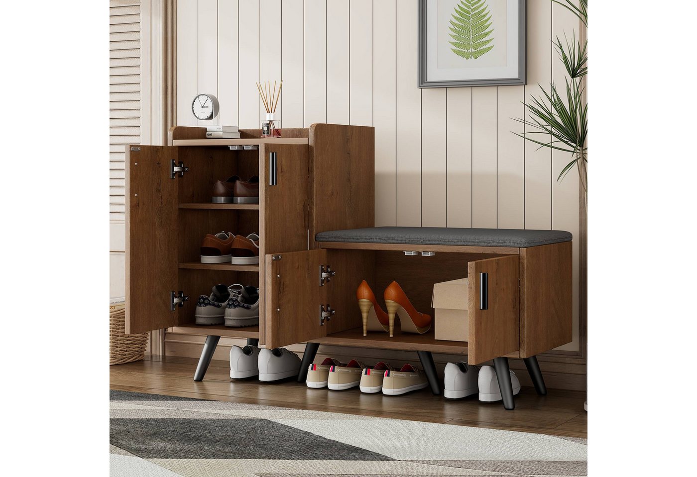 Merax Schuhschrank mit Sitzbank, Schuhregal mit gepolsterter Sitzfläche (1-St., Holzoptik 4 Türen) Stauraum für Schuhe & Taschen – Bild 3 von 5